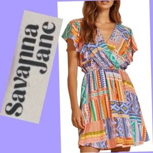 Savanna Jane Flutter Sleeve Sundress     Aztec Print V Neck Elastic Waist  1 XL